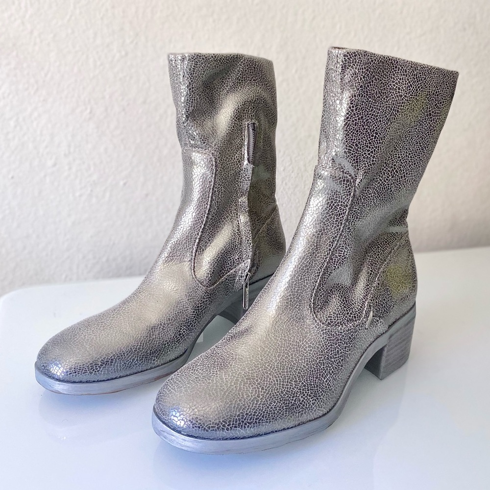 SARTO “Zaren” Stretch Block Heel Boot in Silver